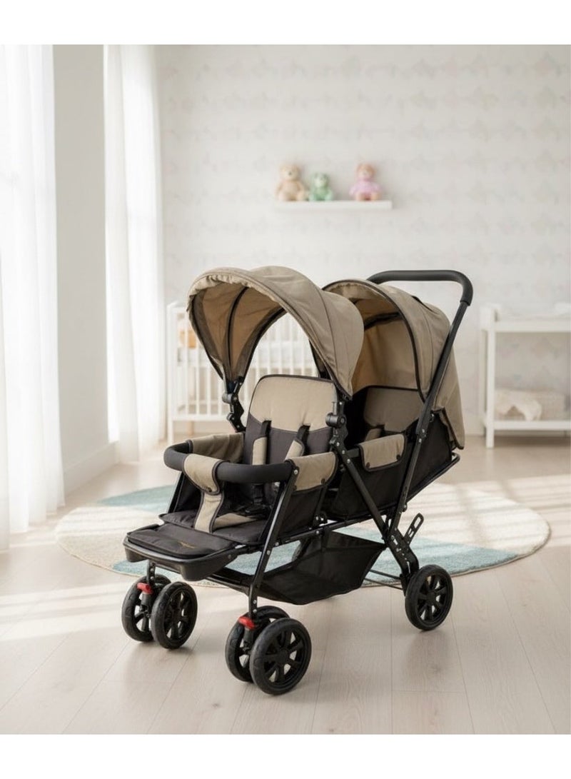 Star Kids Double stroller for newborns and twins, comfortable adjustable seats with protective canopy and large storage basket - Image 1